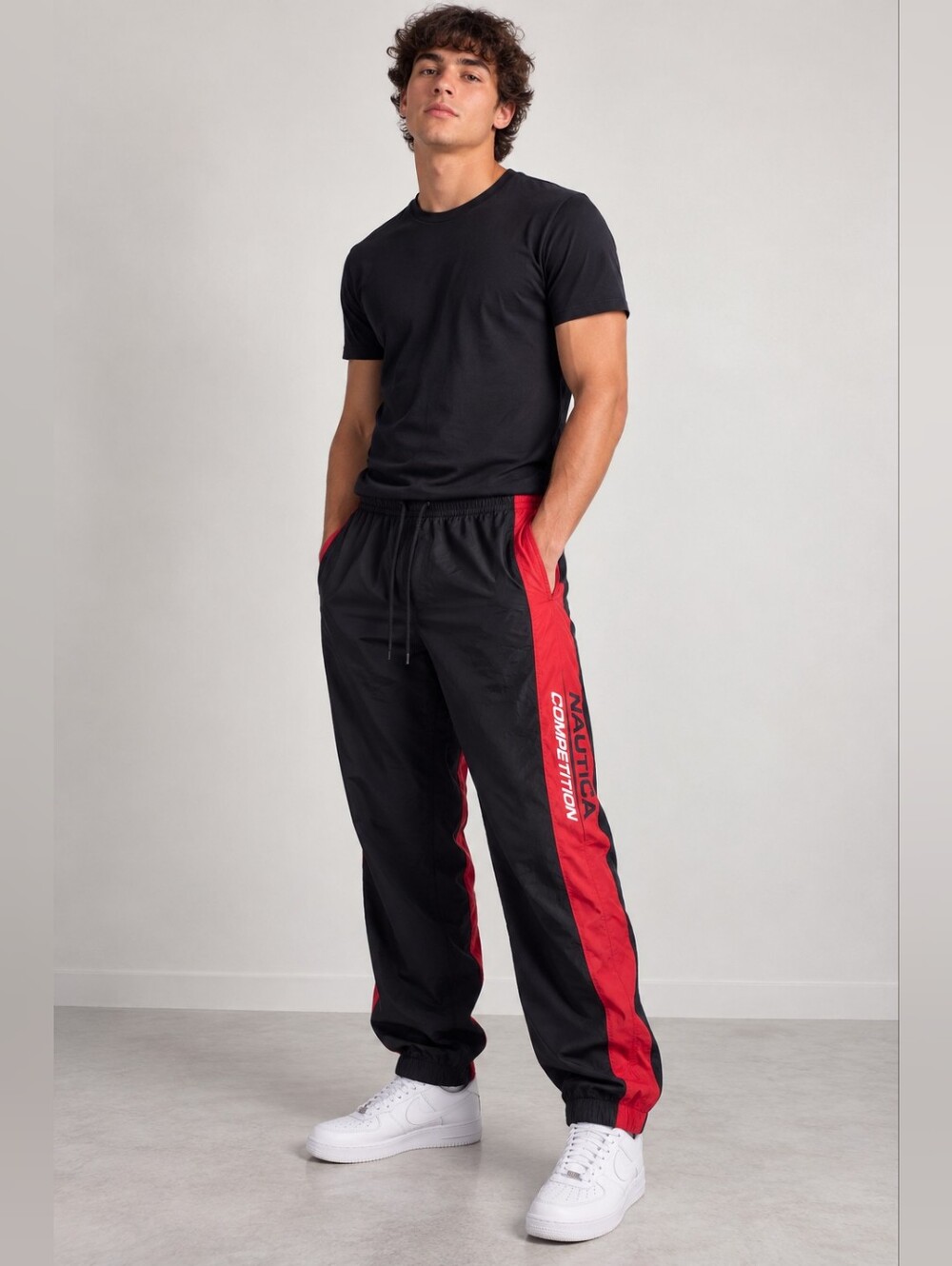 Vintage 90s Nautica Competition Track Pants Black Red Colorblock XL Y2K